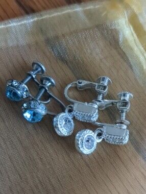 Napier Silver-Tone Crystal Drop Twist-On w/Blue Crystal Earrings
